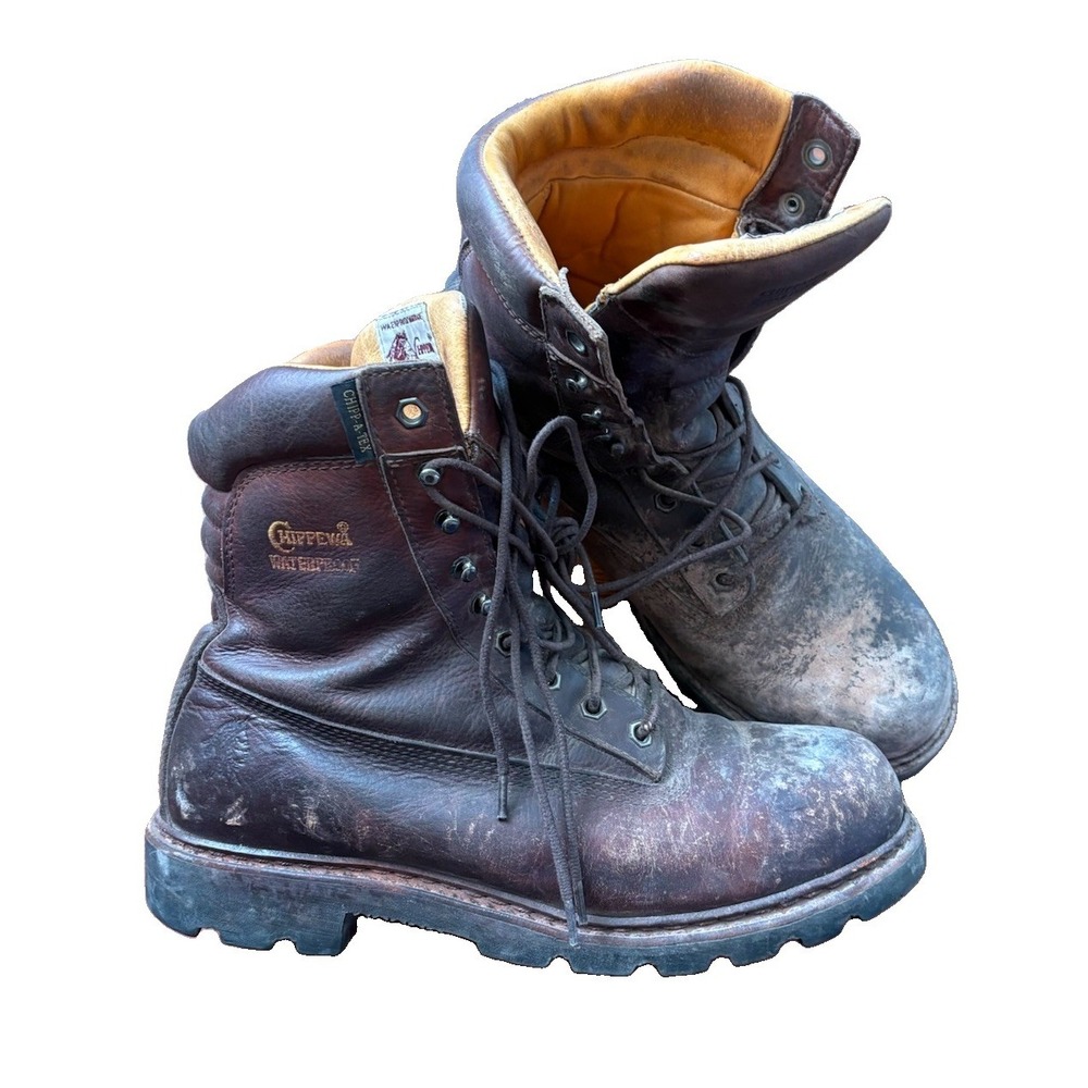 Chippewa Men's Tall Waterproof Brown Leather Work Boots Soft Toe Size 10 Wide